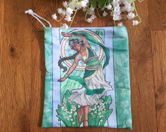Drawstring Pouch Lady of May Art Nouveau Birthstone Series Goddess Dancer with Lily of the Valley Mucha Style Tarot Deck Cosmetic Pouch