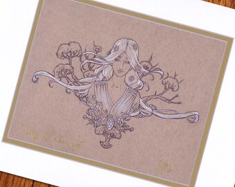 Fine Art Print Goddess of April "Lady of Arbor Light" Art Nouveau Mucha Style Matted Gold & White Birthstone Goddesses Series
