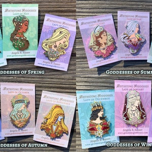 Goddesses of Summer Hard Enamel Pin Set OR Single Pin Art Nouveau Birthstone and Birth Flower for June, July, and August Gold Cloisonné 12 Pins- All Seasons