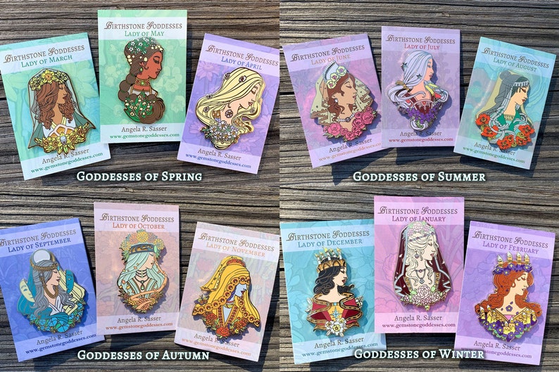 Goddesses of Summer Hard Enamel Pin Set OR Single Pin Art Nouveau Birthstone and Birth Flower for June, July, and August Gold Cloisonné 12 Pins- All Seasons
