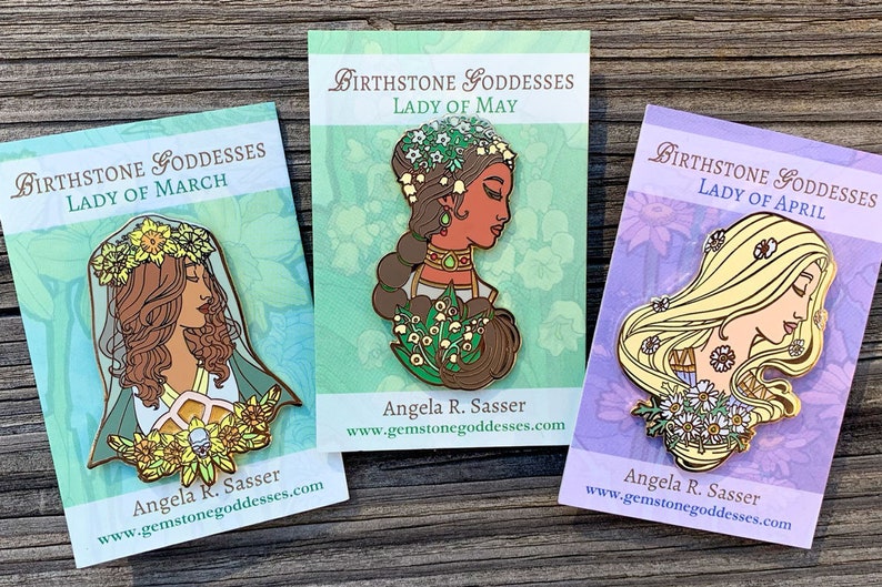 Goddesses of Spring Hard Enamel Pin Set OR Single Pin Art Nouveau Birthstone and Birth Flower for March, April, and May SET of All Three