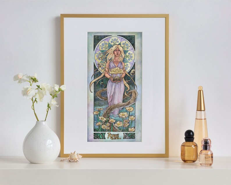 Art Print Lady of April and Trees Nature Bonsai Goddess with Daisies Birthstone Series Mucha Inspired Art Nouveau Painting image 1