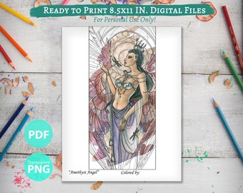 Printable Coloring Book Page for Adults - Amethyst Angel with Dragonfly and Mandala Window Art Nouveau Style Line Art - Birthstone Series