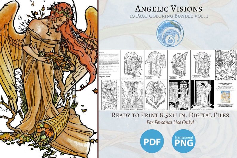 Printable Coloring Book Pack of 10 Pages Series 1 Fantasy Art Angels Pages to Color image 1