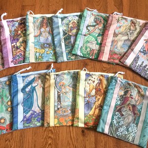 Drawstring Pouch Lady of July Art Nouveau Birthstone Goddesses Series Tanabata Star Festival with Magpies Mucha Style Deck Cosmetic Bag image 4