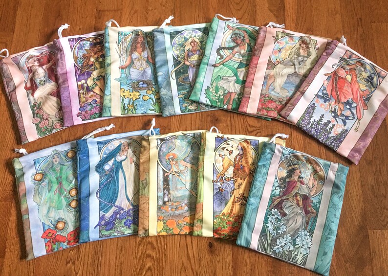 Drawstring Pouch Lady of July Art Nouveau Birthstone Goddesses Series Tanabata Star Festival with Magpies Mucha Style Deck Cosmetic Bag image 4