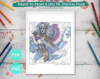 Printable Coloring Book Page for Adults - Winged Warrior Woman Gothic Fantasy Dark Elf Angel Line Art with Sword