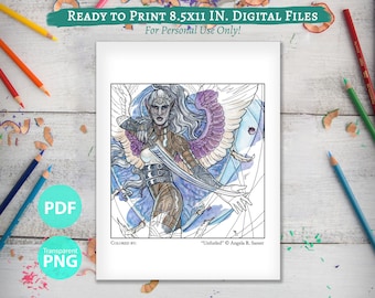 Printable Coloring Book Page for Adults - Winged Warrior Woman Fantasy Elf Angel Line Art with Sword