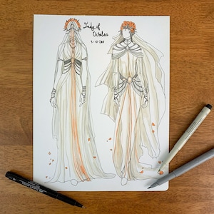 Original Art Fashion Illustration Drawing Lady of October Ghost Maiden Goddess Dress with Marigolds Art Nouveau Birthstone Goddesses Series