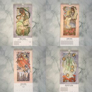 A 12 month wall calendar in the style of Art Nouveau featuring Birthstone Goddesses inspired by flowers and birthstone gems.