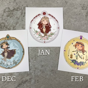 Set of enkele stickers - Little Gem Godinnen van de Winter Vinyl Sticker 4 inch - Januari, februari en december Chibi Birthstone Series