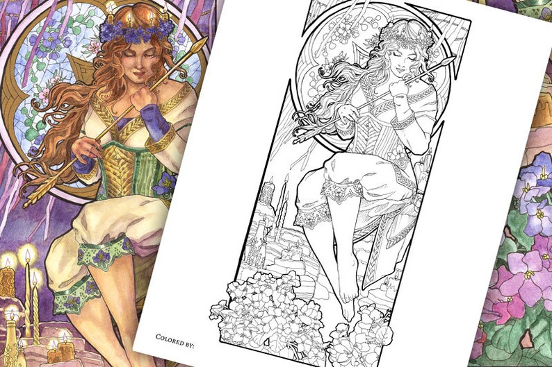 Printable Coloring Book Pack of 13 Pages for Adults Birthstone Goddesses Art Series Line Art to Color Pages image 4