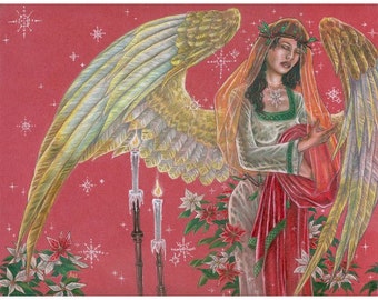 Angel of Noel with Poinsettia, Candles, and Holly Garland Crown Fine Art Print