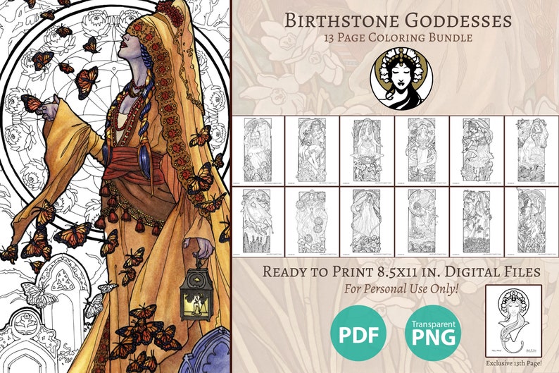 Printable Coloring Book Pack of 13 Pages for Adults Birthstone Goddesses Art Series Line Art to Color Pages image 1