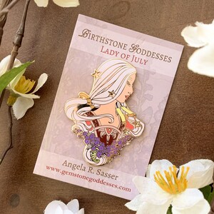 Goddesses of Summer Hard Enamel Pin Set OR Single Pin Art Nouveau Birthstone and Birth Flower for June, July, and August Gold Cloisonné Lady of July