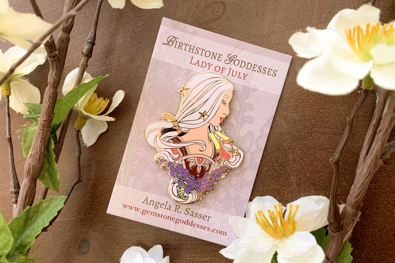 Goddesses of Summer Hard Enamel Pin Set OR Single Pin Art Nouveau Birthstone and Birth Flower for June, July, and August Gold Cloisonné Lady of July