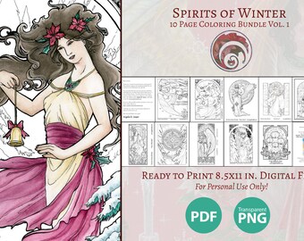 Printable Coloring Book Pack of 10 Pages for Adults - Christmas Series I Art Nouveau Line Art to Color Pages