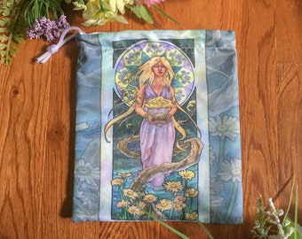 Drawstring Pouch Lady of April Art Nouveau Birthstone Series Goddess Demeter with Daisies Mucha Style Tarot Deck Cosmetic Makeup Bag