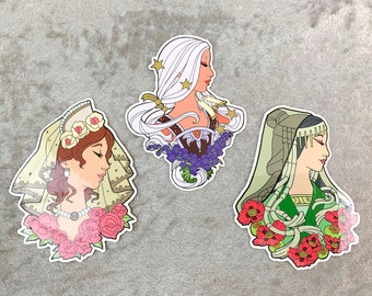 Set or Single Stickers - Goddesses of Summer Removable Vinyl Sticker 4 inch - June, July, and August Birthstone Goddesses Art Nouveau Series