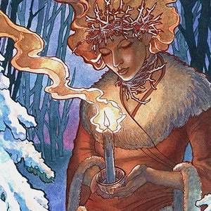 Art Nouveau Winter Goddess of Light with Snow Covered Trees Holding a Candle Mucha Inspired Spirits of Winter SERIES Fine Art Print image 2