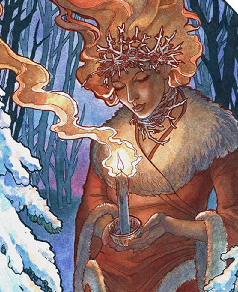 Art Nouveau Winter Goddess of Light with Snow Covered Trees Holding a Candle Mucha Inspired Spirits of Winter SERIES Fine Art Print image 2