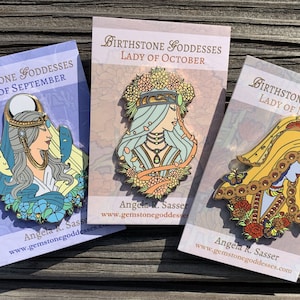 Goddesses of Autumn Hard Enamel Pin Set OR Single Pin Art Nouveau Birthstone and Birth Flower for September, October, and November