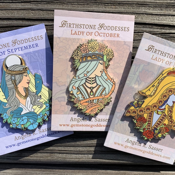 Goddesses of Autumn Hard Enamel Pin Set OR Single Pin Art Nouveau Birthstone and Birth Flower for September, October, and November