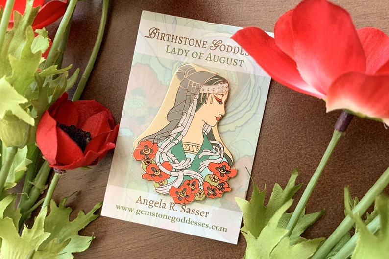 Goddesses of Summer Hard Enamel Pin Set OR Single Pin Art Nouveau Birthstone and Birth Flower for June, July, and August Gold Cloisonné Lady of August