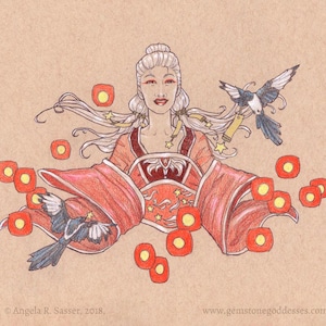 Jugendstil Göttinnendruck: Lady of Wishing Stars, Juli Geburtsstein Rittersporn - Birthstone Goddesses Series VISAGE Kollektion