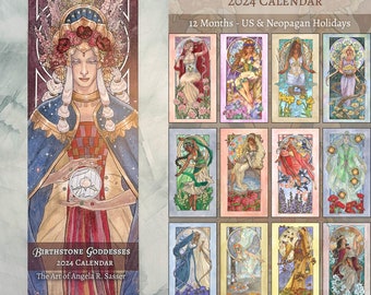 Birthstone Goddesses 2024 Wall Calendar (US & CA) Art Nouveau Mucha Style Floral Flower Divine Feminine Pagan Art 5.5 x 16 in