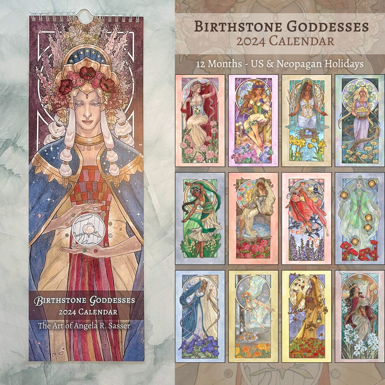 Birthstone Goddesses 2024 Wall Calendar US & CA Art Nouveau Mucha Style Floral Flower Divine Feminine Pagan Art 5.5 x 16 in image 1