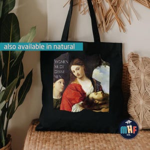 Cabas Les femmes doivent servir les hommes, t-shirt bébé Judith décapitant Holopherne, vêtements féministes unhinged, mode girl power, toile bella, fourre-tout féministe