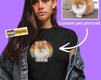 T-shirt Simon avec chat et patte orange rétro | Vintage portrait de chat au coucher du soleil