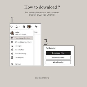 Pu&ograve; includere: Uno screenshot di un telefono cellulare che mostra come scaricare file da un negozio Etsy. Lo schermo mostra un menu con opzioni come "Visualizza il tuo profilo", "Acquisti e recensioni", "Saldo della carta regalo", "Messaggi", "Offerte speciali", "Impostazioni account", "Registro Etsy" e "Esci". La seconda schermata mostra un pulsante che dice "Scarica file", un altro pulsante che dice "Aiuto con l'ordine" e un terzo pulsante che dice "Visualizza ricevuta".