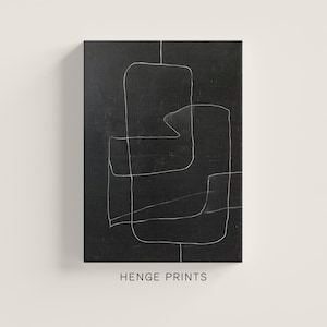 May include: Abstract art print with white lines on a black background. The print features geometric shapes and lines, creating a modern and minimalist design. The text "HENGE PRINTS" is at the bottom of the print.