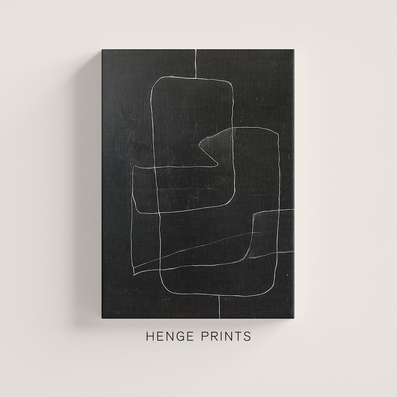 May include: Abstract art print with white lines on a black background. The print features geometric shapes and lines, creating a modern and minimalist design. The text "HENGE PRINTS" is at the bottom of the print.