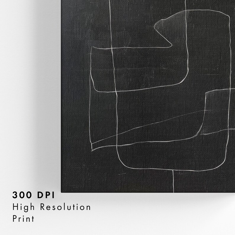 May include: Abstract art print with white lines on a black background. The lines create geometric shapes and patterns.