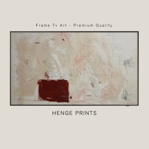 May include: Abstract art print featuring a red square and white and grey lines on a beige background. The print is framed and includes the text "HENGE PRINTS" at the bottom.
