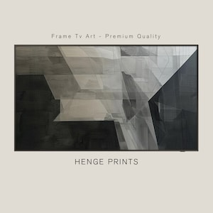 May include: Abstract geometric art print in shades of gray and black. The print features a series of overlapping shapes and lines, creating a sense of depth and movement. The print is framed in a black frame and has the text "HENGE PRINTS" at the bottom.
