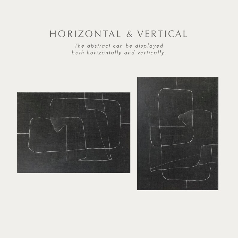 May include: Two black canvas prints with white abstract line drawings. The abstract can be displayed both horizontally and vertically.  HORIZONTAL & VERTICAL