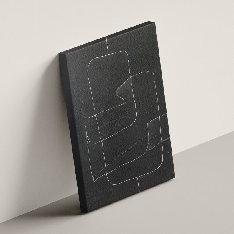 May include: Abstract art print on canvas with white lines on a black background.