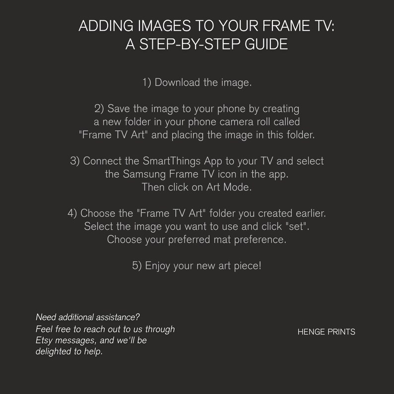 Pu&ograve; includere: Una guida passo passo su come aggiungere immagini a un televisore Samsung Frame. La guida include istruzioni su come scaricare immagini, creare una cartella, connettere l'app SmartThings e selezionare l'immagine e la preferenza del passepartout.