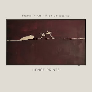 May include: Abstract art print with a dark red background and a thin line of white paint across the middle. The print has a subtle texture and a modern aesthetic.  "HENGE PRINTS" is printed at the bottom of the image.