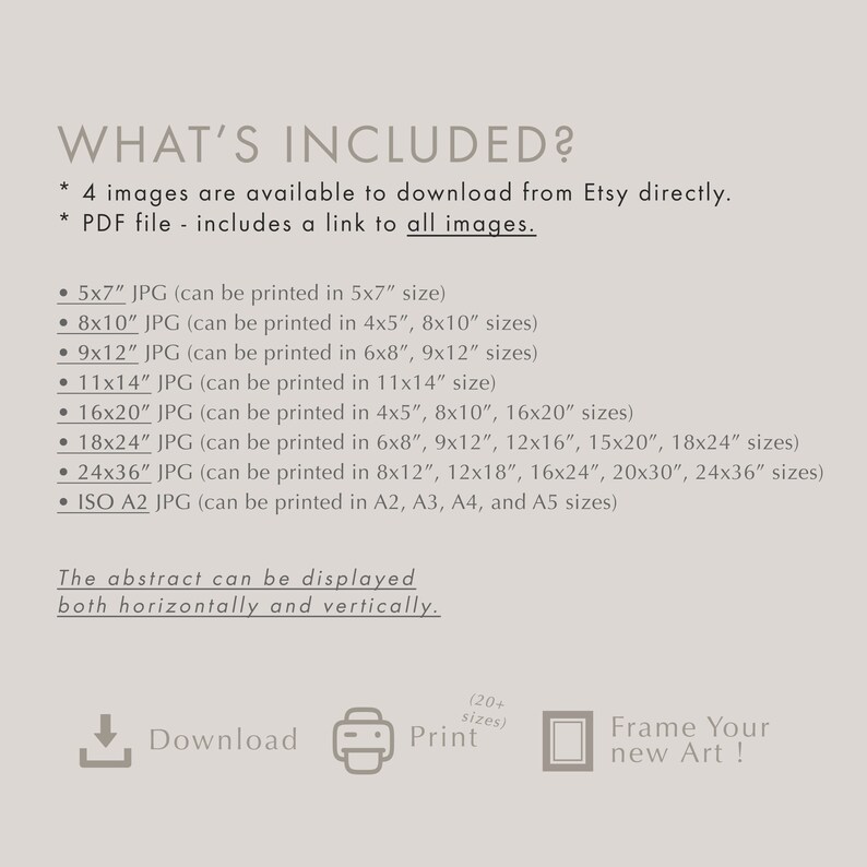 May include: A digital download of printable art featuring an abstract design. The text "WHAT'S INCLUDED?" is at the top of the image. The image includes a list of different sizes the art can be printed in, including 5x7 inches, 8x10 inches, 9x12 inches, 11x14 inches, 16x20 inches, 18x24 inches, 24x36 inches, and ISO A2.