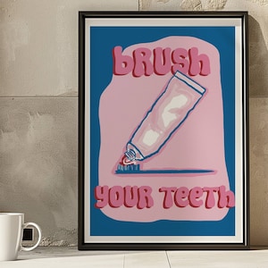 Brush your teeth bathroom print - Mid Century wall art, retro fun printable poster, apartment aesthetic blue typography art