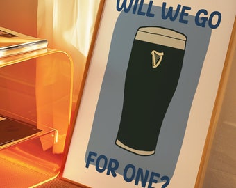 Will we go for one? - Guinness print - Mid Century wall art, retro fun Irish digital poster, kitchen print, cocktail alcohol bar cart art