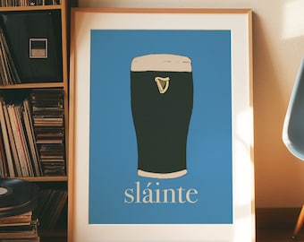 Guinness Sláinte art print - Mid Century wall art, retro fun Irish printable poster, kitchen print, cheers, cocktail alcohol bar cart