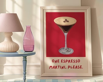 Impresión de Espresso Martini: arte de pared de mediados de siglo, póster digital retro divertido de margarita, impresión de cocina, saludos, carrito de bar de bebidas alcohólicas para cócteles femeninos