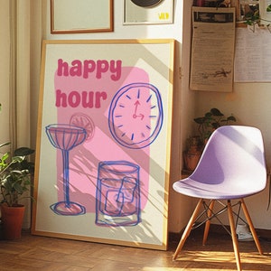 HAPPY HOUR-kunstprint - kunst aan de muur halverwege de eeuw, retro leuke digitale poster Margarita, keukenprint, proost, girly cocktailalcoholbarwagen