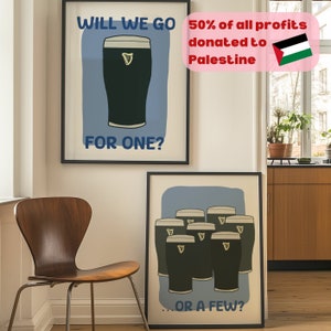 Czy pójdziemy na jednego? - zestaw wydruków Guinness - sztuka ścienna z połowy XX wieku, retro zabawny irlandzki plakat cyfrowy, wydruk kuchenny, wózek na alkohole koktajlowe